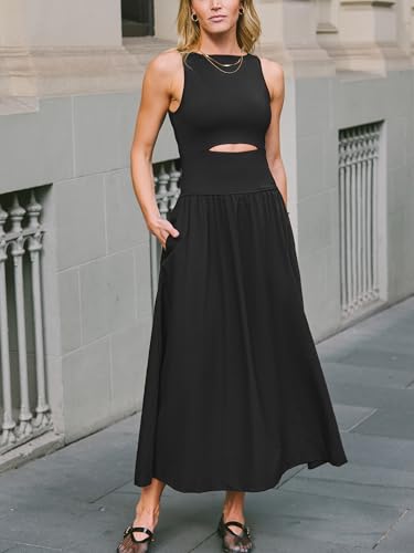 CUPSHE Summer Dress for Women 2025 Formal Sleeveless Round Neck Cutout Pockets Casual A Line Maxi Dress2