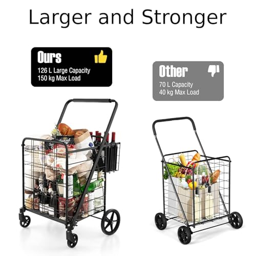 Robuster faltbarer Einkaufswagen mit Rädern, extra Korb und Schaumstoffgriff, Mehrzweck-Schiebe-/Ziehwagen für Wäsche, Supermarkt, Reisen