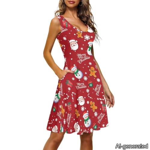 Image of Dreaweet Casual Sleeveless Dresses for Women Girls, Round Neck Tank Dresses with Pockets Summer Sundress Size XS-4XL