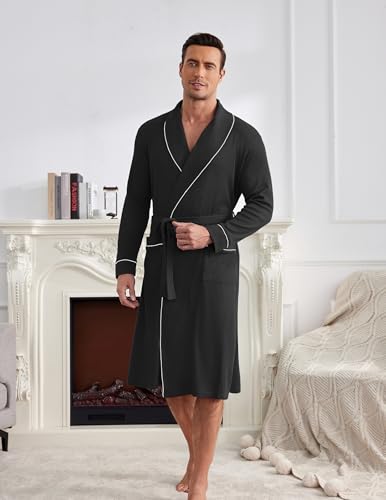 Ekouaer Mens Robes Lightweight Waffle Knit Kimono Bathrobe Long Sleeve Sleepwear Soft Knee Length Robe with Pockets S-3XL4