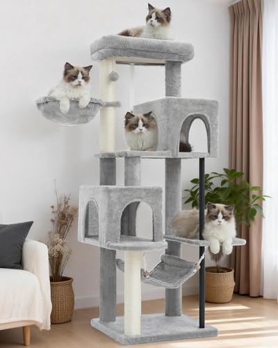 Image of Gitelsnour Cat Tree Tower with Sturdy Steel Tube for Indoor Cats GCT014W | 51.2'' Cat Furniture with Scratching Posts, Hammock, Basket and Padding Top Platform for Inoor Cats Large Adult, Light Gray