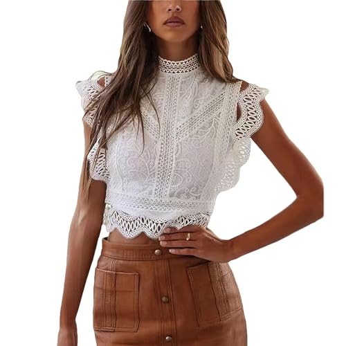 aromm Mujeres Sin Mangas Verano Camisa de Encaje Sexy Semi Transparente Floral Blusas Blanco, S
