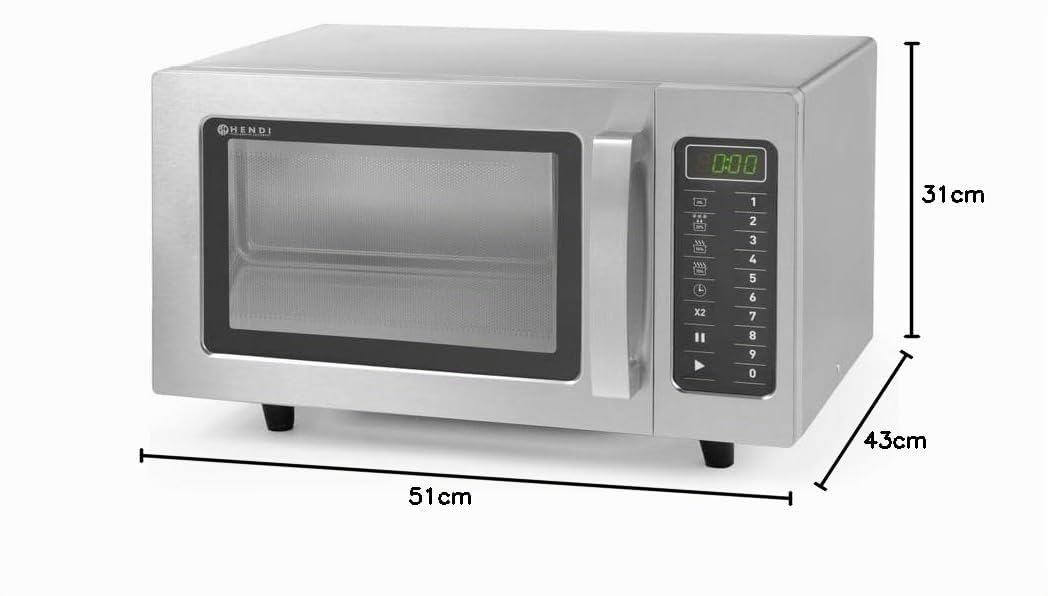 HENDI Micro-ondes, 1000W, 10 programmes par default, diamètre max. des plats: 320mm, puissance d'entrée 1550W, 25L, 230V, 511x432x(H)311mm, chambre 327x346x(H)200mm, inox