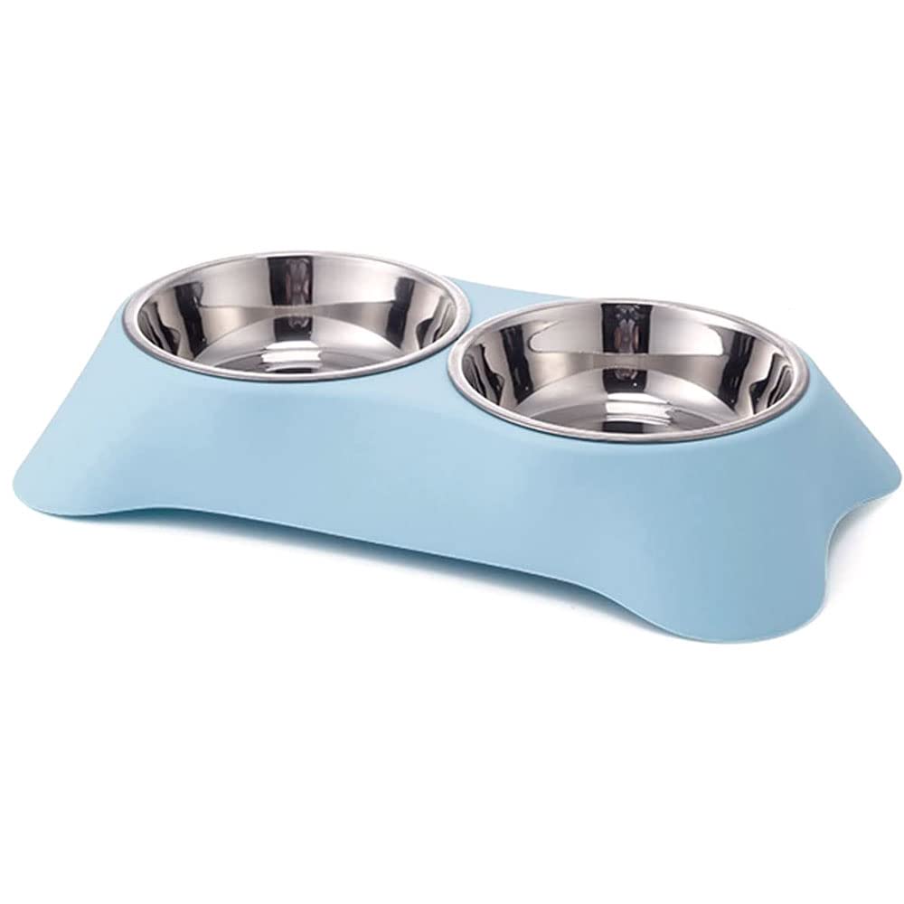 Arightmu Double Non-Slip Dog Pet Bowl Double Stainless Steel Food and Water Bowls for Dogs and Cats Raised Puppy Food and Water Bowls Non-Slip Pet Bowl (Blue-Small)