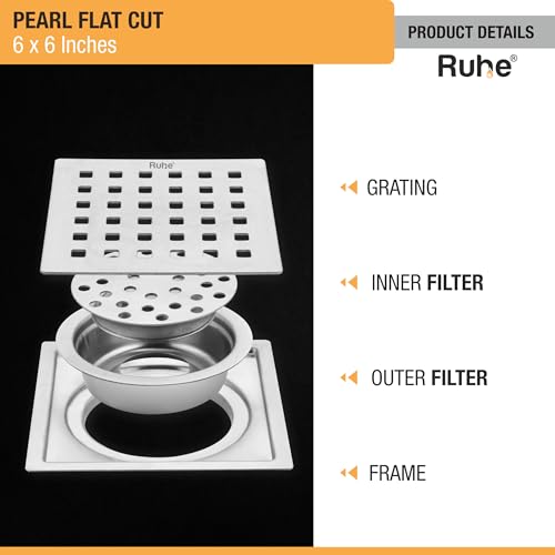 Image of Ruhe Pearl Square Flat Cut Floor Drain, 6 x 6 Inches | 304-Grade Floor Drainer with Cockroach Trap Floor Drainer for Bathroom, Balcony