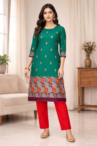 Image of Women's Cotton Blend Unstitched Kurti Set for Women | A-Line Style Dress Material | 2-Piece Traditional Ethnic Wear Suit Fabric