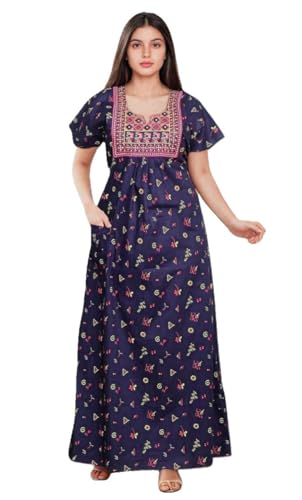 Image of DIAMO Pure Cotton Embroidery Nighty for Women, Cotton Night Gown, Night Maxi Gown, Cotton Nighty with a Pocket and Adjustable Knot