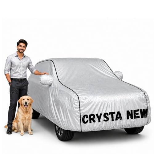 Image of Waterproof Car Cover for Crysta New | Soft Cotton Lining Heavy Duty Triple Stitched Heat Resistant Outdoor Cover Comes with Mirror and Antenna Pocket Full Bottom Elastic (Zig Zag Silver)