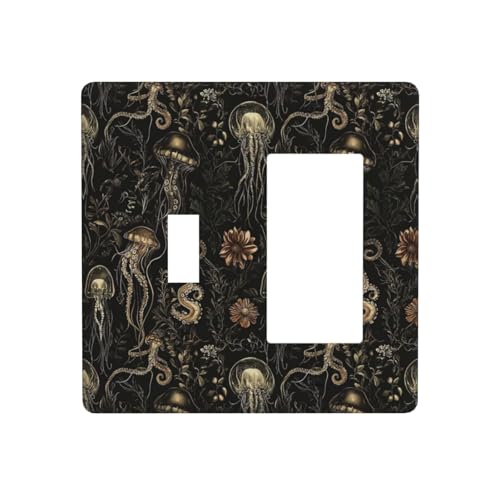 Decorative Outlet Covers Black Gold Jellyfish Squid Deep Sea Creatures 2 Gang Outlet Cover Wall Plate Single Toggle Rocker Light Switch Cover Plate Switch Plate Covers for Home Decor