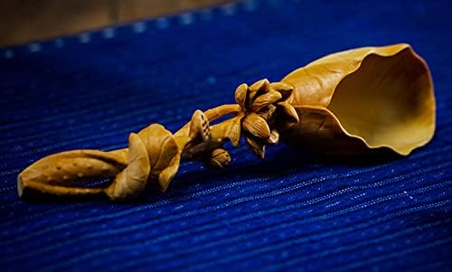 TL082 - 14.2 cm Long Carved Boxwood Carving Lotus Tea Scoop Spoon