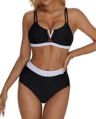 RXRXCOCO V-Wire Cutout High Waisted Bikini Sets for Women Double Straps Color Block Swimsuits Two Piece Bathing Suits2