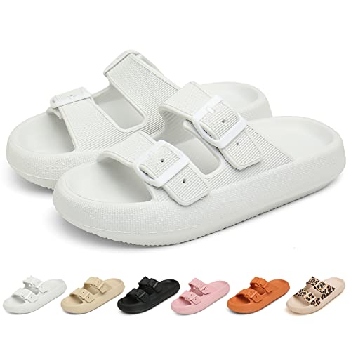 Geweo Pantoufles Réglable Double Boucle Sandales AntidÉRapantes Chaussons Femme Hommes été Chaussure de Plage Chaussons Piscine Soft Slippers à Semelles épaisses Sandales de Bain, Blanche 37-38 EU