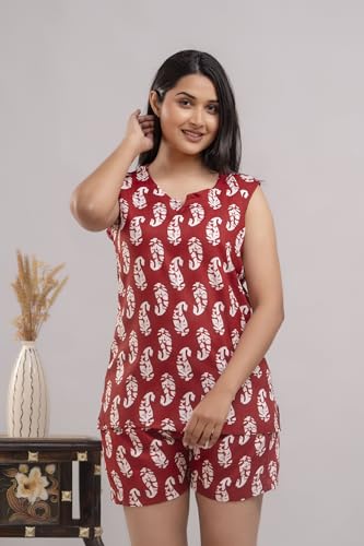 Image of Women's Cotton Printed Night Suit Set of Top & Shorts Sleeveless Women's Lounge Wear Set