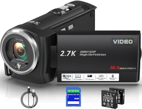 Delmodes 2.7K 56MP Camcorder Video Camera 16X Digital Zoom Vlogging Camera with LED Fill Light for YouTube 2.8 Inch 270 Degree Rotation LCD Screen Camcorder with SD Card and Two Batteries