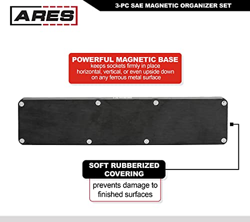 Image of ARES 60037 - 3-Piece SAE Magnetic Socket Organizers Set - GREEN - Includes 1 /4 in, 3 /8 in, 1 /2 in Socket Holders - Holds 68 Standard (Shallow) and Deep Sockets - Also Available in RED