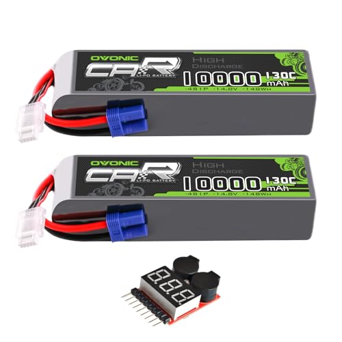 OVONIC 4S LiPo Battery 10000mAh 14.8V 130C RC Battery with EC5 Connector (2 Pack)(with Lipo Voltage Checker)