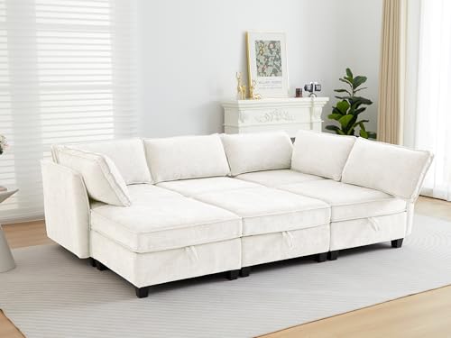 Image of ORRD Sleeper Modular Sectional Sofa Set, Convertible Couch Bed with Storage, 6 Seater and 3 Armrestes Sofa Modular for Living Room, Office (Beige)