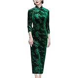 StarDY Women's Velvet Long Cheongsam Dress Bamboo Leaf Patterned Mandarin Collar Maxi Dress Traditional Chinese Qipao (Dark Green, L)