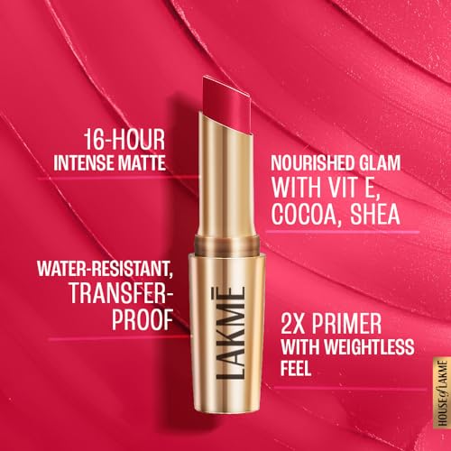 Image of Lakme Powerplay Priming Matte Lipstick, Smooth Matte Finish, Lightweight Lipstick, Smudgeproof, Lasts 16hrs, Hydrates Lips, Scarlet Surge, 3.6g (Pack of 2)