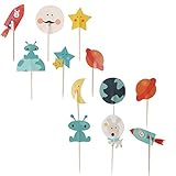 Finduat [48 Pack] Space Party Decoration Cupcake Toppers Rocket Themed Spaceship Outer Space Dog Cupcake Toppers Party Aliens Cake Decorative
