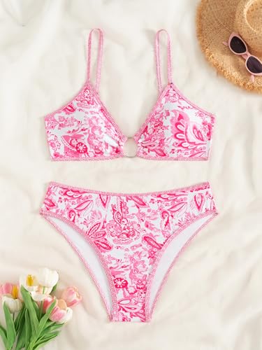 Image of Fanuerg Women's Triangle Bikini Sets O Ring Linked Two Piece Swimsuits Floral Printed Cheeky Bathing Suit
