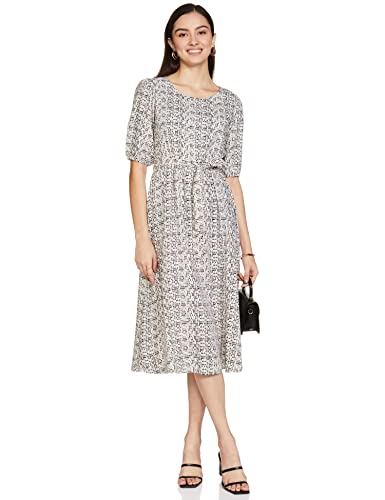 Image of Amazon Brand - Symbol Women Rayon Fit and Flare One Piece Midi Length Dress (with Self Fabric Belt) (Available in Plus Sizes)
