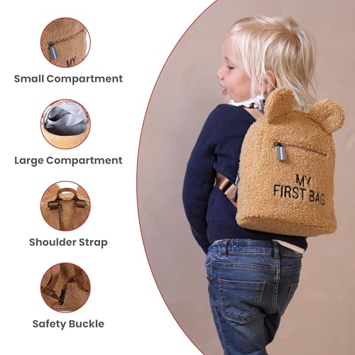 Childhome, Rucksack für Kinder, Baby, Schule, Kindergarten, Krippe, zwei Fächer, geeignet für Lunchbag/Flasche, abnehmbare Sicherheitsschnalle, wasserabweisend, My First Bag, Teddy beige – Bild 5