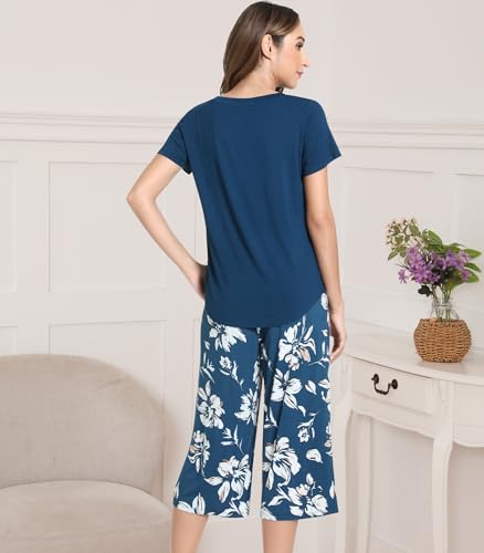 Image of NACHILA Bamboo Viscose Pajamas for Women Lace V Neck Capri Pants Pjs Set