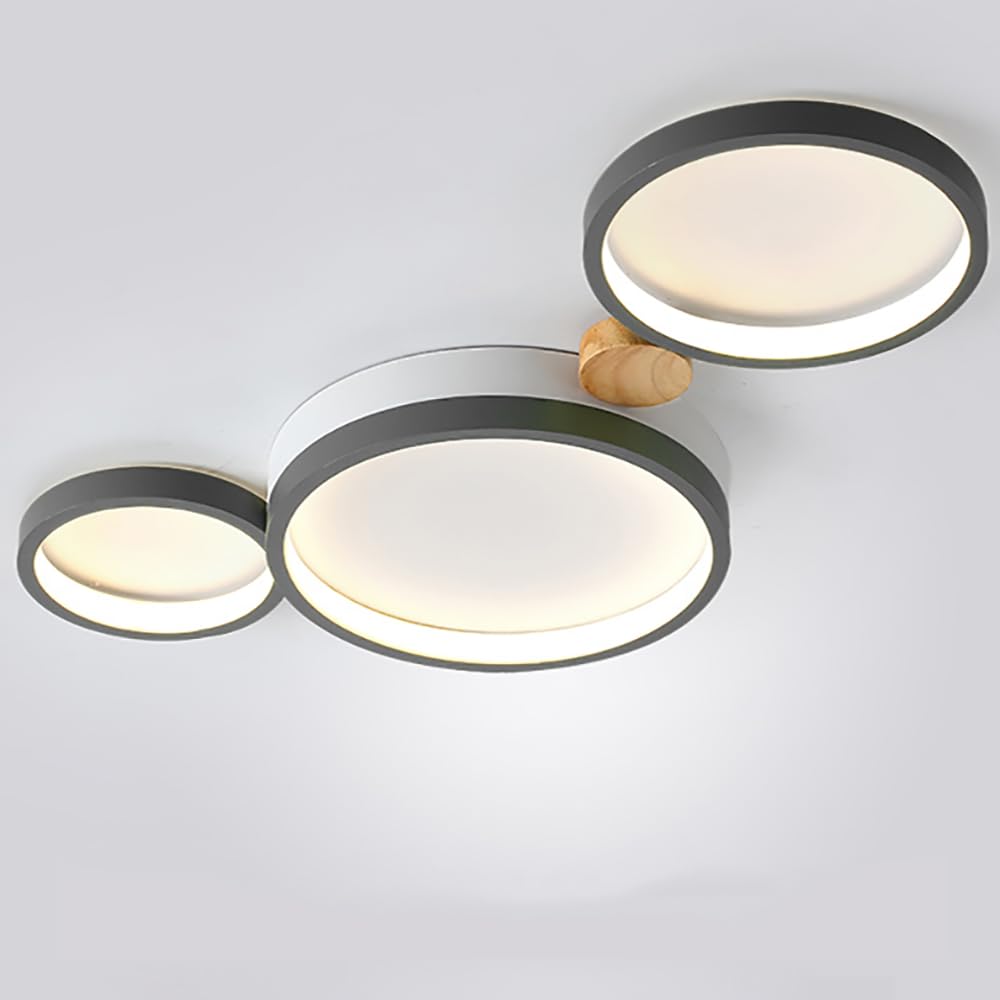 Liudefa 3-Lights LED Ceiling Light Fixture,22 Inch Modern Ceiling Lights Flush Mount Wooden 20W Dimmable Chandelier for Living Room Bedroom Kitchen,3000K/4000K/6000K Temperatures Selectable Grey