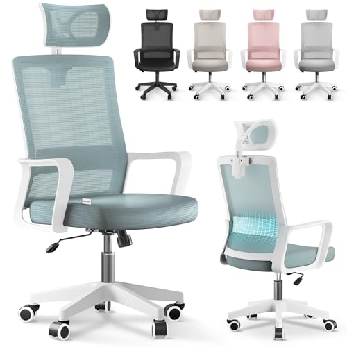 JUPPLIES Silla Escritorio Ergonomica - Silla Oficina Ajustable y Reclinable con Soporte Lumbar, Reposacabezas Ajustable, Malla Transpirable, Ruedas Giratorias 360° Soporta hasta 120kg (Azul)