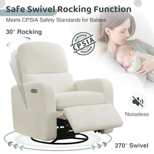 Image of Power Swivel Rocker Recliner, Oversized Boucle Nursery Glider Recliner, Teddy Swivel Rocking Reclining Chair with Removable Cushion and Lumbar Support for Nursery Living Room Bedroom, White