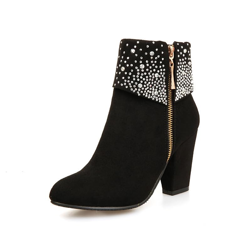 Womens Ankle Boots Chunky Block Low Heel Booties Fashion Side Zipper Short Boots with Sparkling Rhinestones