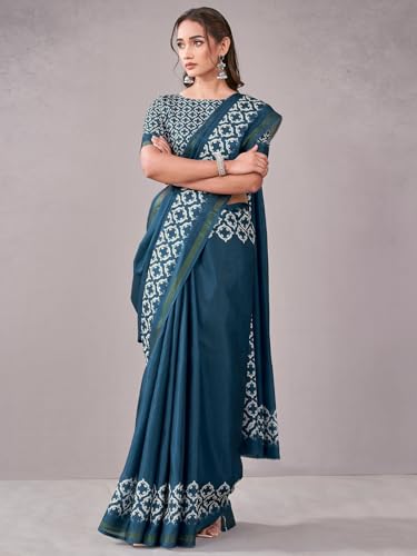 Image of Satrani Women's Silk Printed Saree with Unstitched Blouse Piece