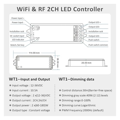Variateur LED WT1 CCT 12V 24V 2CH 5A Push Switch pour bandeau LED blanc variable - 3