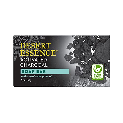 Desert Essence Activated Charcoal Soap Bar 5 oz - Non-GMO, Gluten Free, Vegan, Cruelty Free, Sustainable Palm Oil - Cucumber & Eco-Harvest Tea Tree Oil - Detoxifies, Cleanses & Removes Impurities