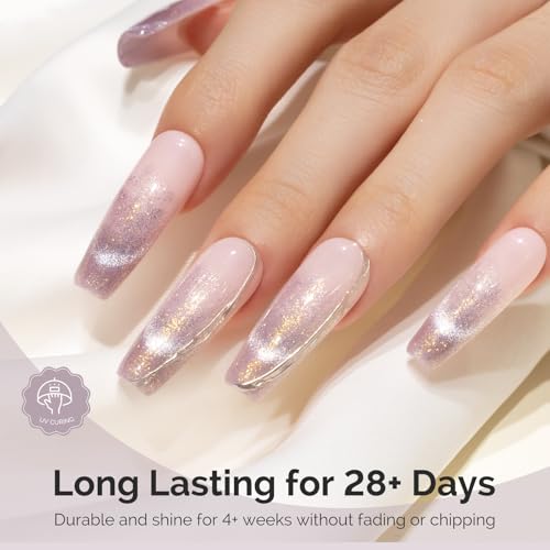 Image of MelodySusie Starry Cat Eye Gel Nail Polish, 0.5 Fl Oz Light Pink Glitter Holographic Magnetic Nail Polish with Magnet, UV Nail Polish for Nail Art Manicure Salon DIY at Home G1703