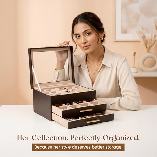 Image of Birch & Co. Jewellery Box - 3 Layer Jewellery organizer storage box, Portable Travel-Friendly Storage. Elegant Super Premium Storage Case for Rings, Earrings, Necklaces & Bracelets, Noir