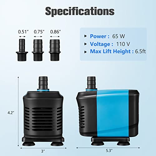 Kedsum 770Gph Submersible Pump(3500L/H, 65W), Ultra Quiet Water Pump With 6.5Ft High Lift, Aquarium Pump With 6.5Ft Power Cord, 3 Nozzles For Fish Tank, Pond, Aquarium, Statuary, Hydroponics #TOP1