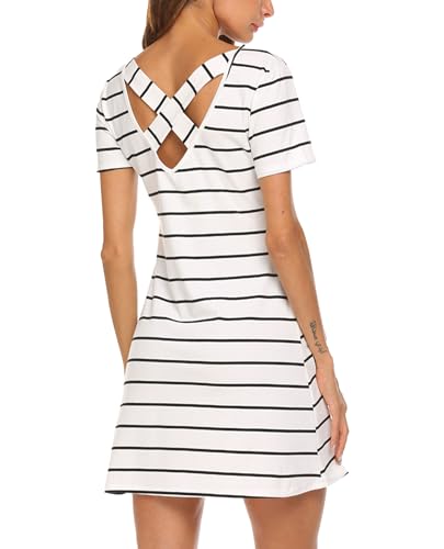 Feager Women's Casual Striped Criss Cross Short Sleeve T Shirt Dress