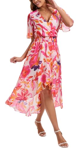 Image of Kormei Womens Short Sleeve Floral Maxi Dress High Low V-Neck Flowy Party Long Dresses