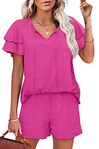 Image of WIHOLL Summer Outfits for Women 2 Piece Short Sleeve V Neck Lounge Sets Casual