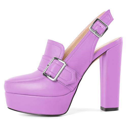 Image of Women's High Heel Loafers Platform Pumps Round Toe Heels Chunky Heel Pumps Stylish Comfortable 4.8 Inch Slingback Heels