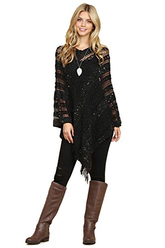 Bohemian Sequin Glitter Shawl Wrap Poncho - Kimono Cardigan, Sparkly Metallic Mesh Scarf, Open Knit Crochet Sweater Cape (Crochet Pullover Poncho - Black) #TOP1