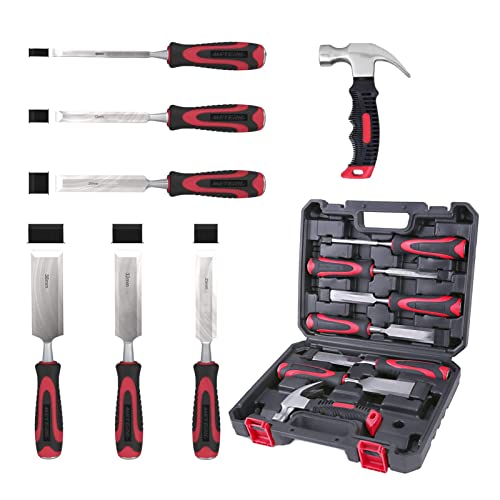 10Pcs Wood Chisel Set, Wood Carving Tools Set With Storage Box And 1 Crook Hammer For Woodworker Or Carpentry, 6 Pcs 55# Carbon Steel Wood Chisel -Size 1/4In, 1/2In, 3/4In, 1In, 1-1/4In And 1-1/2In #TOP1