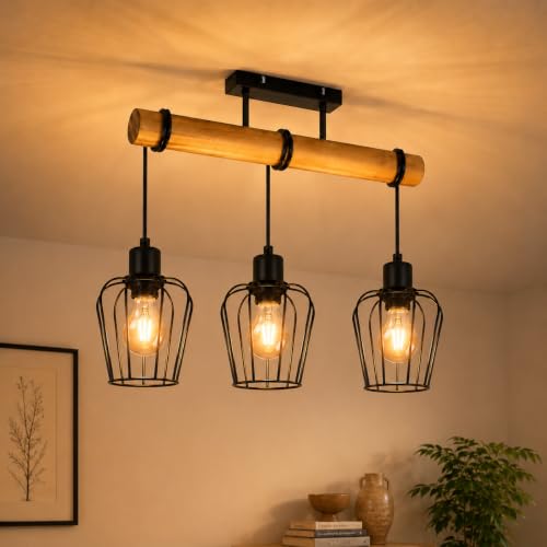 ZMH Deckenleuchte Wohnzimmer Vintage Deckenlampe Holz: Wohnzimmerlampe Decke Schwarz 3 flammig im Industrial Design E27 Küchenlampe aus Metall für Küche Esszimmer Restaurant - ohne Leuchtmittel