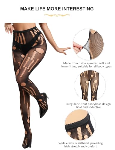 ohyeah Black Sexy Tights Fishnet Stockings for Women Sheer High Waisted Pantyhose Ripped Tights Holes Leggings (90-265Lbs)2