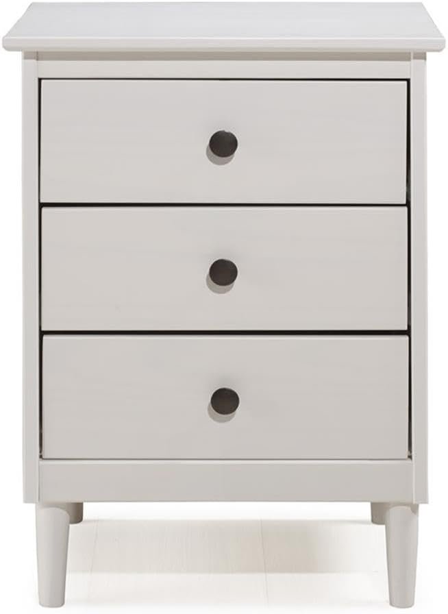 Pemberly Row Modern 3-Drawer Wood Nightstand, Solid Pine and MDF, White Painted Finish, Compact Bedroom Side End Table with Storage, Mid-Century Style for Bedside or Living Room Use