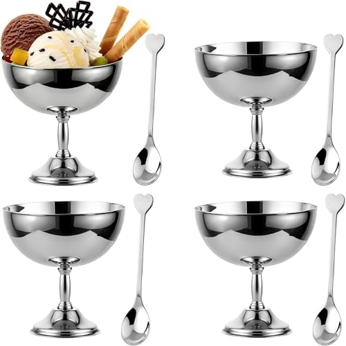 4 Bols à Glace Inox 270ml Pied avec Cuillère, Récipients Dessert Vintage Réutilisables pour Glaces, Yaourts Givrés, Gelato, Anniversaires , Coupes à...