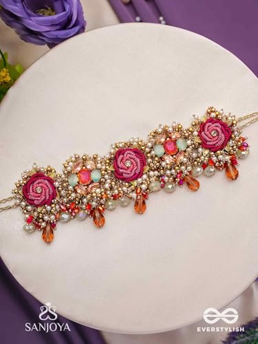 Image of SANJOYA BY EVERSTYLISH Gulratna Jewel Of Roses Handcrafted Rose Choker With Beaded Fringes, Pearls And Gem Details Lightweight Jewelry For Women | Party, Festive, Wedding & Gifting
