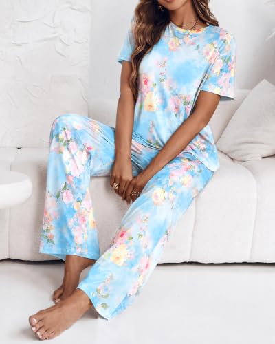 Image of CHICME Womens Pajamas Sets 2 Piece Short Sleeve Lounge Set Printed Loose Pants Pj Sets Loungewear Set